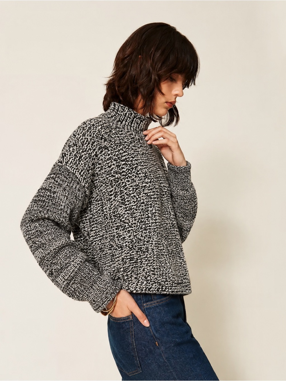 John + Jenn Black White Marled Mock Neck Oversized Cropped Sweater S